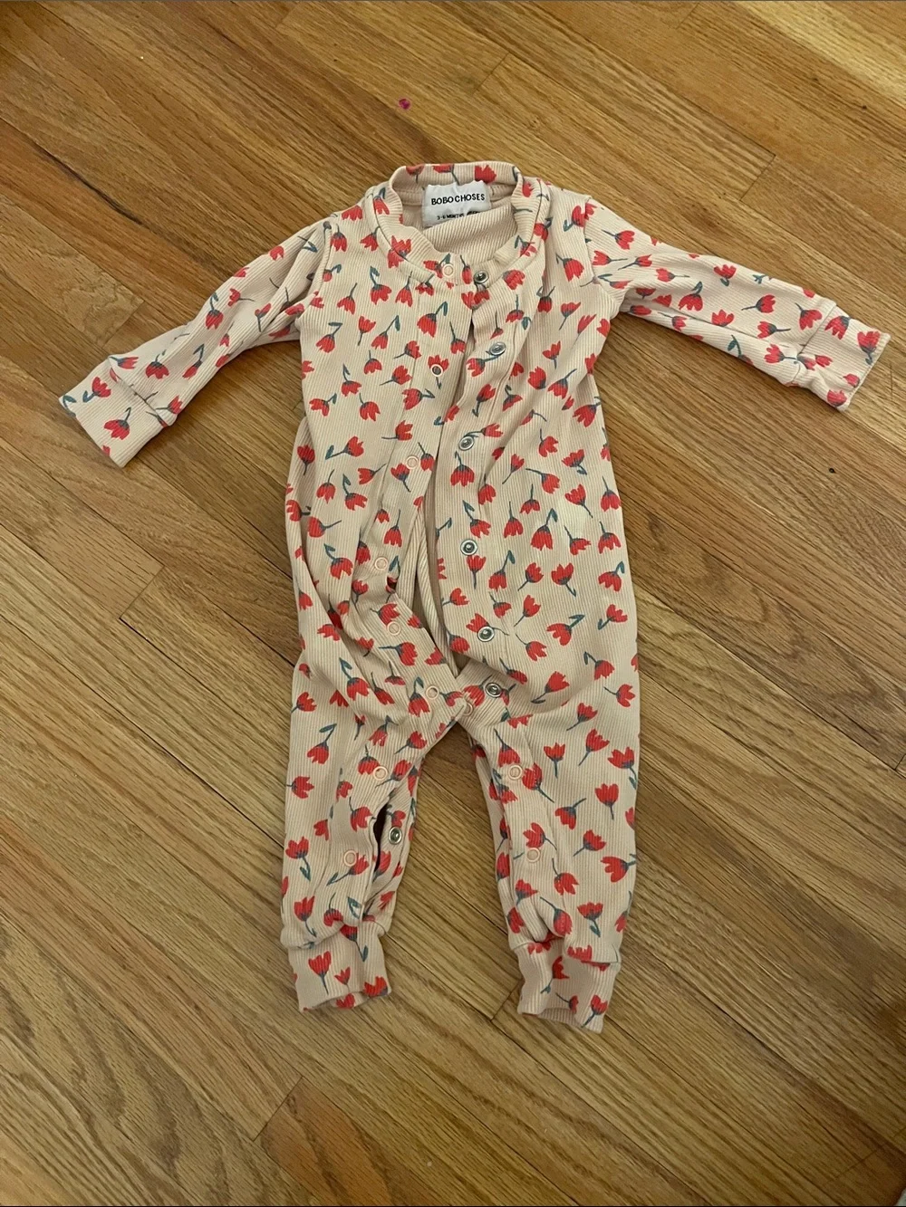 Bobo Choses Beige Footie with Red Floral Print